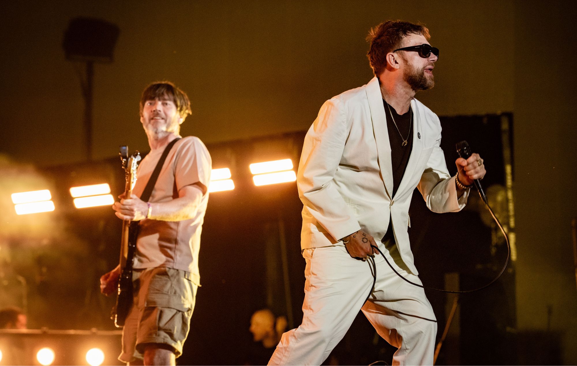 Alex James and Damon Albarn of Blur perform during the 2024 Coachella Valley Music and Arts Festival