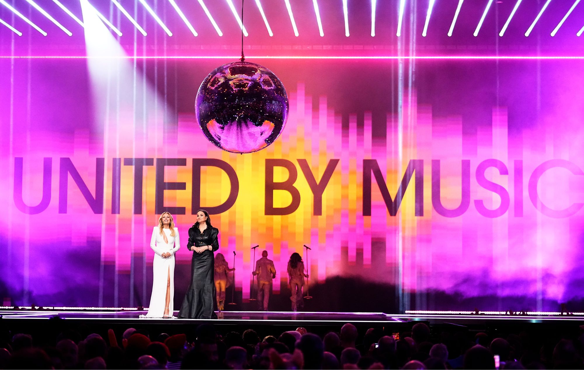 Hosts Malin Åkerman and Petra Mede on stage during The Eurovision Song Contest 2024 Grand Final at Malmö Arena on May 11, 2024 in Malmo, Sweden.